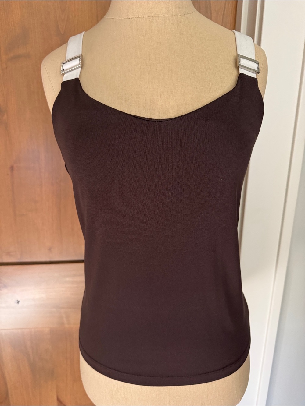 LRL Brown/cream tank style top Womens S Ralph Lauren silver buckles Layering